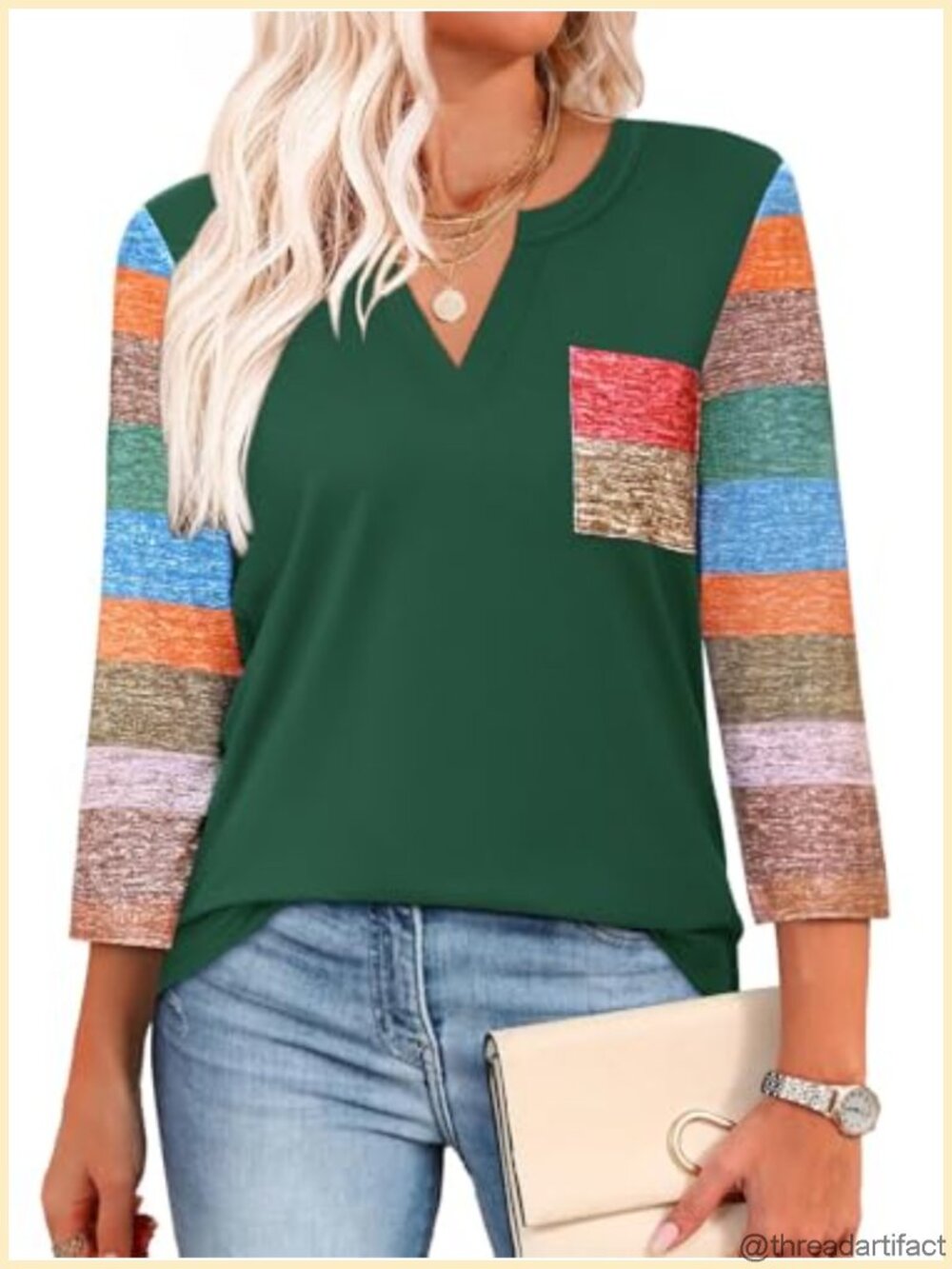 Womens 3/4 Sleeve Split V Neck Color Block Top with Pocket Casual Lightweight